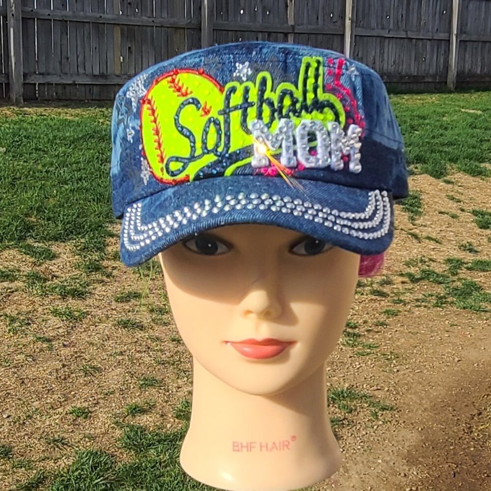 Ladies Blue Denim Softball Mom BLING Hat NEW